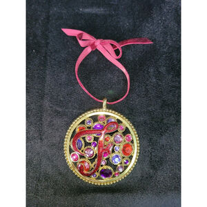 Jeweled Letter F Hanging Ornament Gold Tone Rhinestone Initial Decor Monogram